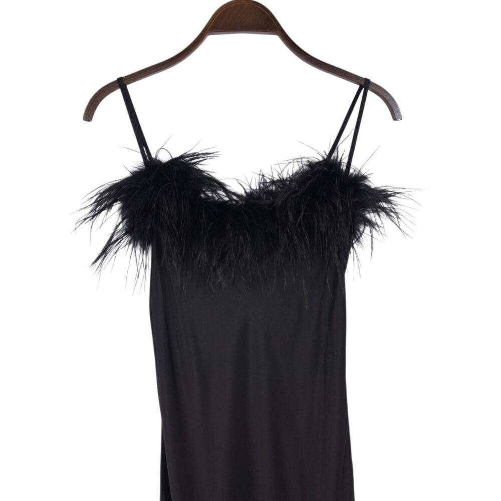 Sleeper Boheme Satin Midi Slip Dress Black Ostrich Feather Trim - Picture 6 of 12